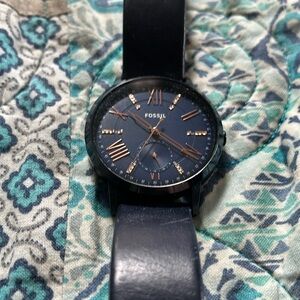 Fossil Gazer navy leather watch